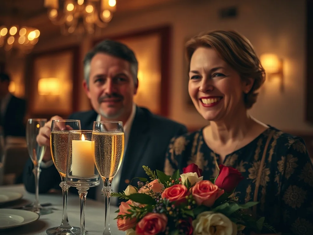 Para w średnim wieku świętuje rocznicę ślubu przy romantycznej kolacji z winem i kwiatami w eleganckiej restauracji.