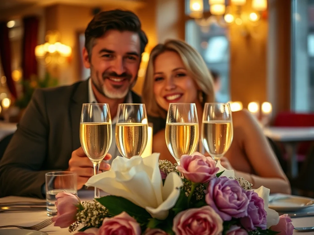 Szczęśliwa para świętująca rocznicę ślubu przy romantycznej kolacji w eleganckiej restauracji.