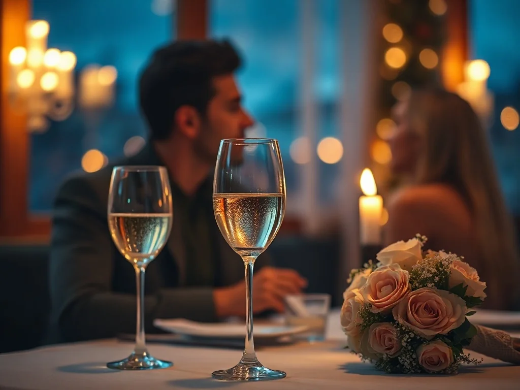 Romantyczna kolacja przy świecach w eleganckiej restauracji, idealna na świętowanie rocznicy ślubu.