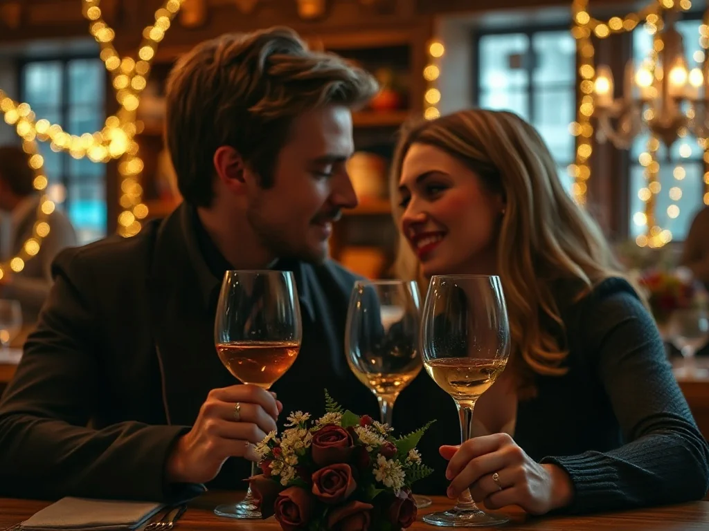 Młoda para świętująca rocznicę ślubu przy romantycznej kolacji z winem i kwiatami w przytulnej restauracji.
