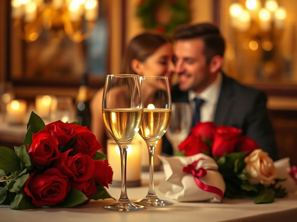 Elegancko nakryty stół z winem i różami oraz para świętująca rocznicę w romantycznej, nastrojowej restauracji.