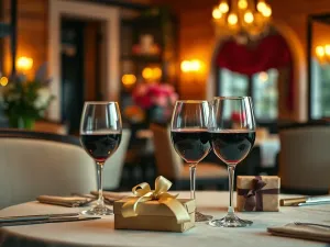 Młoda para świętująca rocznicę ślubu przy romantycznej kolacji z winem i kwiatami w przytulnej restauracji.