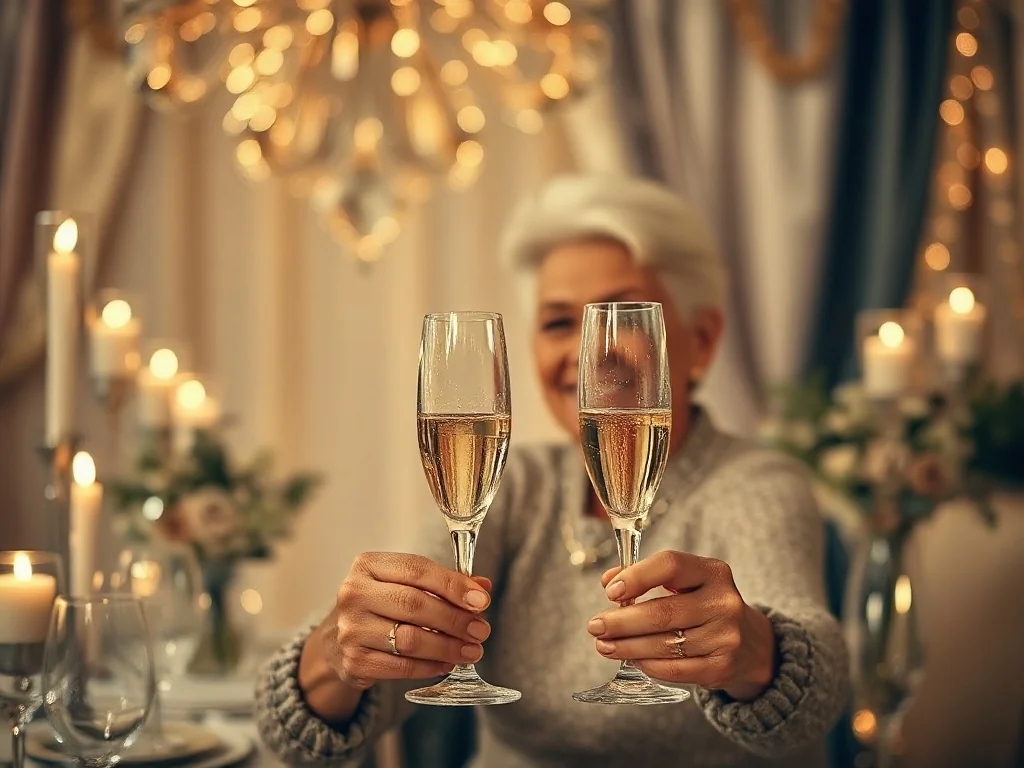 Elegancka para świętująca 25. rocznicę ślubu przy kieliszkach szampana w romantycznej, nastrojowej scenerii.
