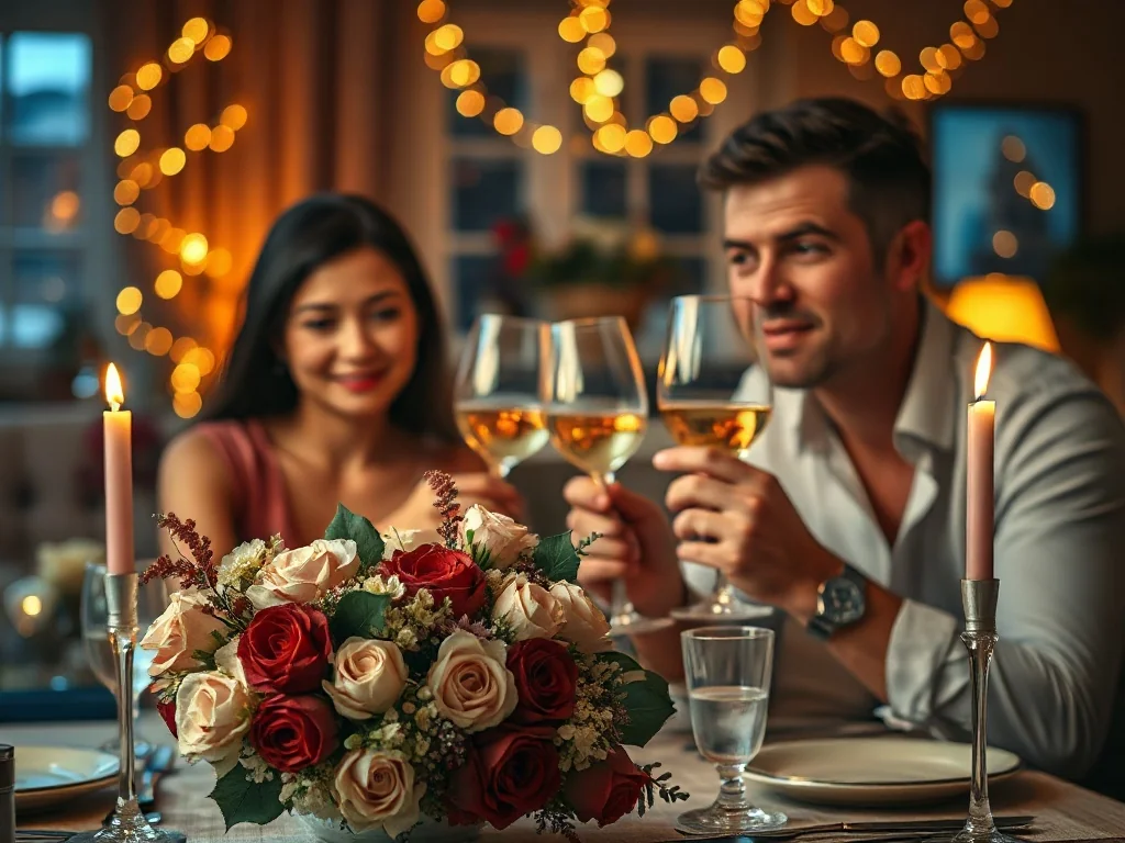 Romantyczna kolacja przy świecach dla pary świętującej rocznicę ślubu w przytulnym, nastrojowym wnętrzu.