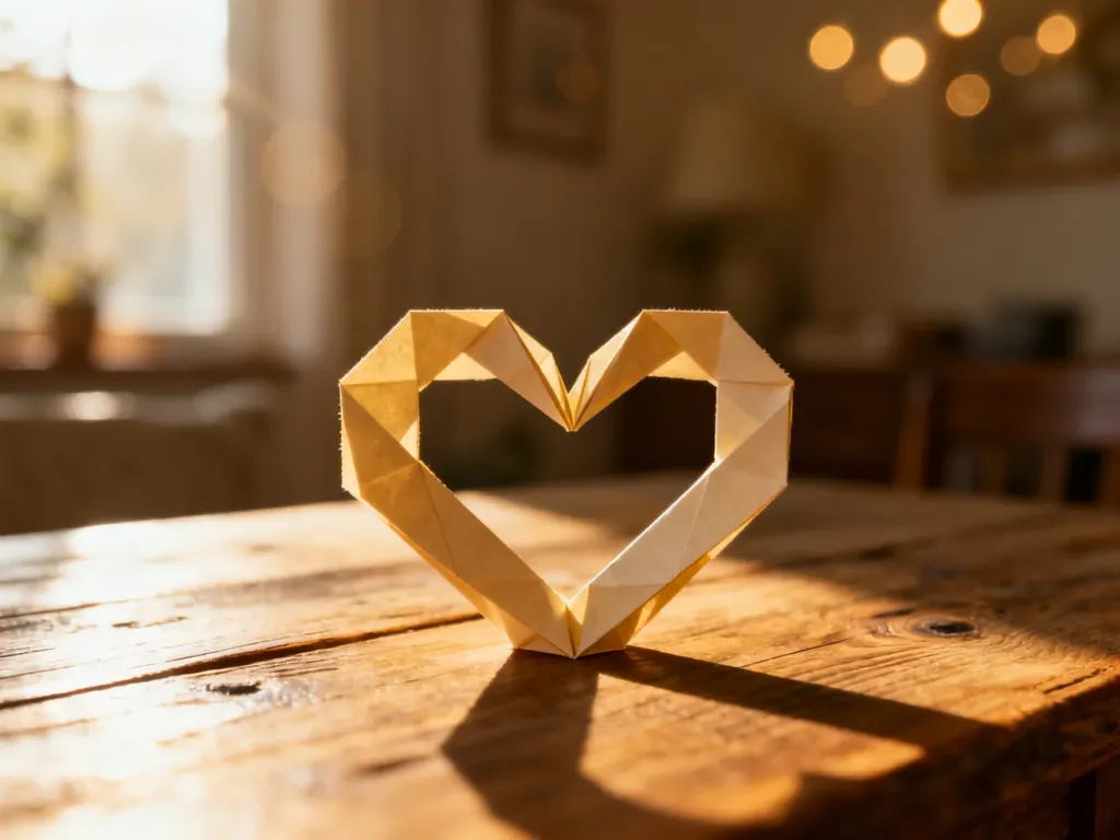 Dwa splecione serca z papieru origami na drewnianym stole, symbolizujące romantyczny prezent na papierową rocznicę ślubu.