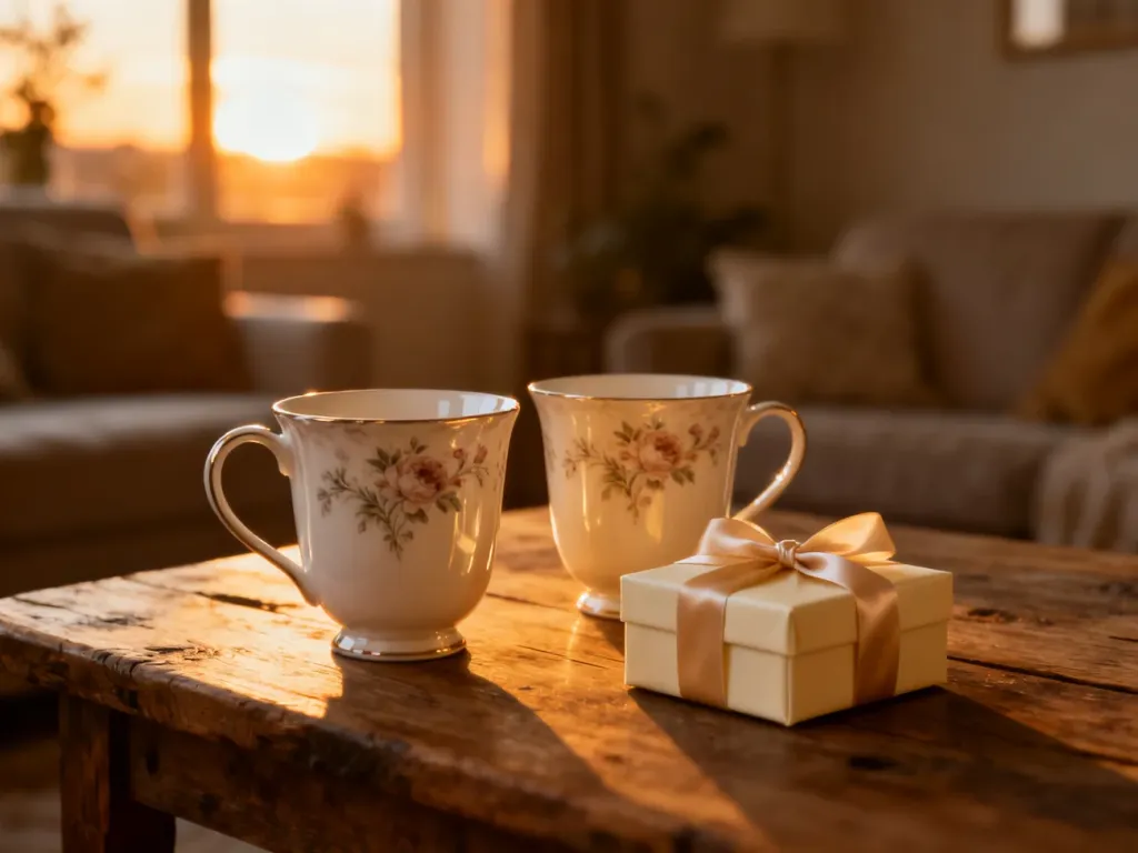 Eleganckie porcelanowe kubki i prezent na drewnianym stole, tworzące romantyczną atmosferę z okazji 13. rocznicy ślubu.