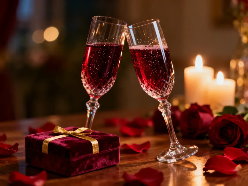 Dwa kryształowe kieliszki z czerwonym winem wznoszące toast oraz eleganckie pudełko prezentowe w romantycznej scenerii.
