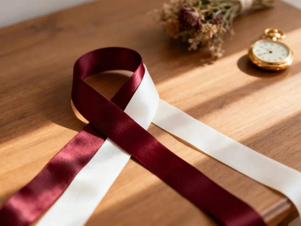 Eleganckie jedwabne wstążki w kolorze burgundu i kości słoniowej na drewnianym tle, symbolizujące rocznicę ślubu.